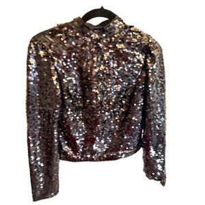 H&M Divided Black Sequin Top US 4 Long Sleeve Mock Neck Party Club